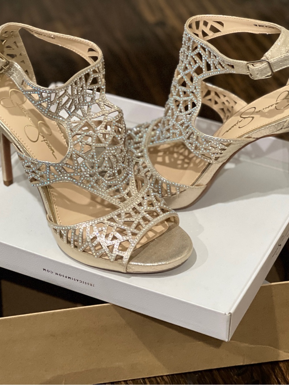 Jessica Simpson Champagne Rhinestone Cutout High Heel Sandals
